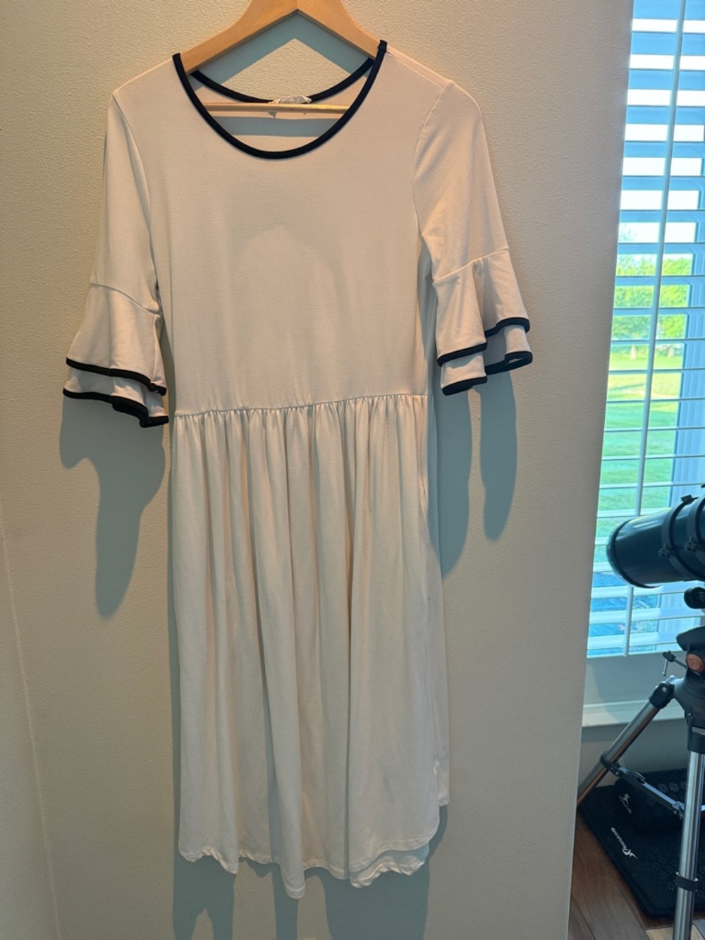 Reborn J White Dress with Navy Trim Ruffle Sleeves